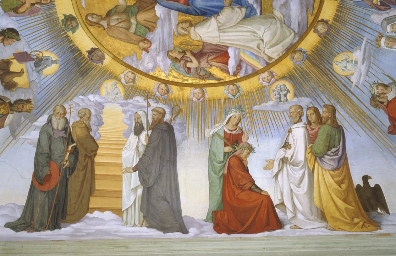Trezor Dantovy komnaty, detail: Dante, Beatrice, císařovna Konstancie, Clarissa Piccarda Romeo z Villanovy a císař Justinián od Philipp Veit
