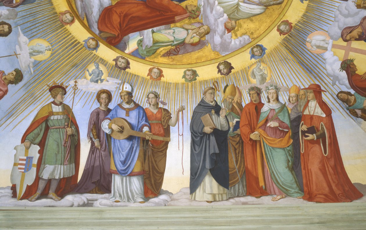 Trezor Dantovy komnaty, detail: Dante, Beatrice, císařovna Konstancie, Clarissa Piccarda Romeo z Villanovy a císař Justinián od Philipp Veit