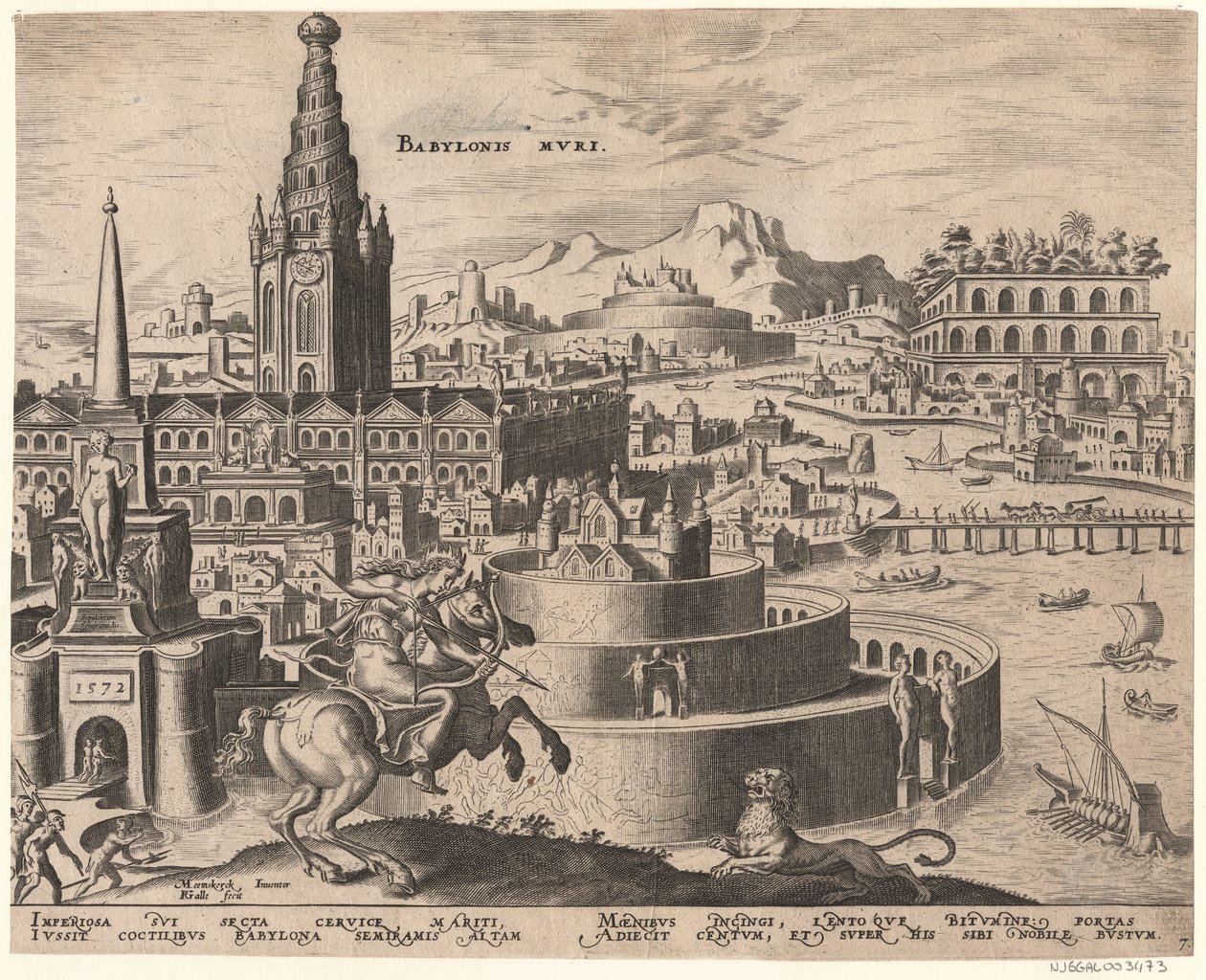 Die Mauern von Babylon ze série Osmé divy světa po Maarten van Heemskerck, 1572 od Philipp Galle