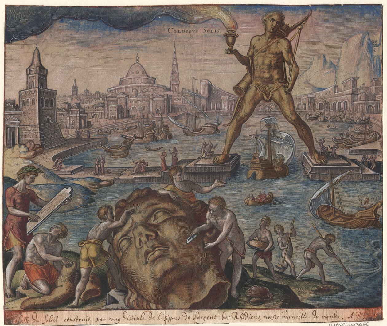 Rhodský kolos ze série Osmé divy světa po Maarten van Heemskerck, 1572 od Philipp Galle