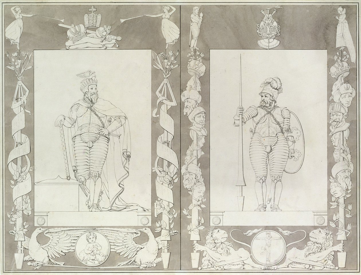 Charlemagne (742-814) a Heymon, 1804-5 (pero, inkoust a mytí na papíře) od Philipp Otto Runge