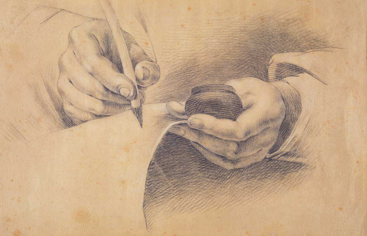 Drawing Hands, 1798 (černá křída zvýrazněná bílou na hnědém papíře) od Philipp Otto Runge