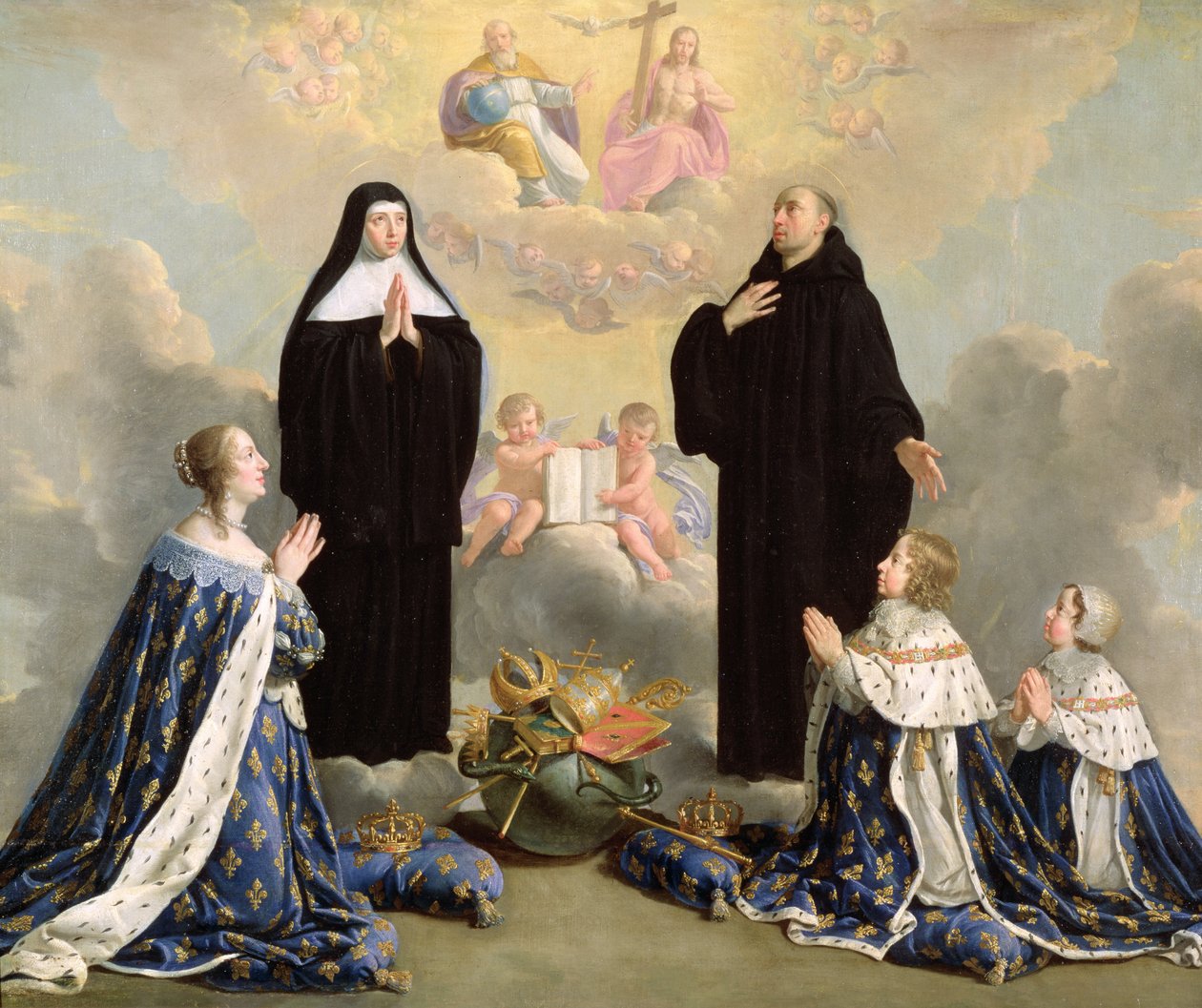 Anna Rakouská (1601-66) a její děti na modlitbách se sv. Benediktem a sv. Scholastikou, 1646 od Philippe de Champaigne