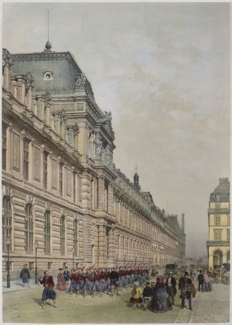 Pohled na novou fasádu Louvru na rue de Rivoli, ilustrace z „Paris dans sa splendeur“, publikoval Henri Charpentier, 1861 od Philippe Benoist