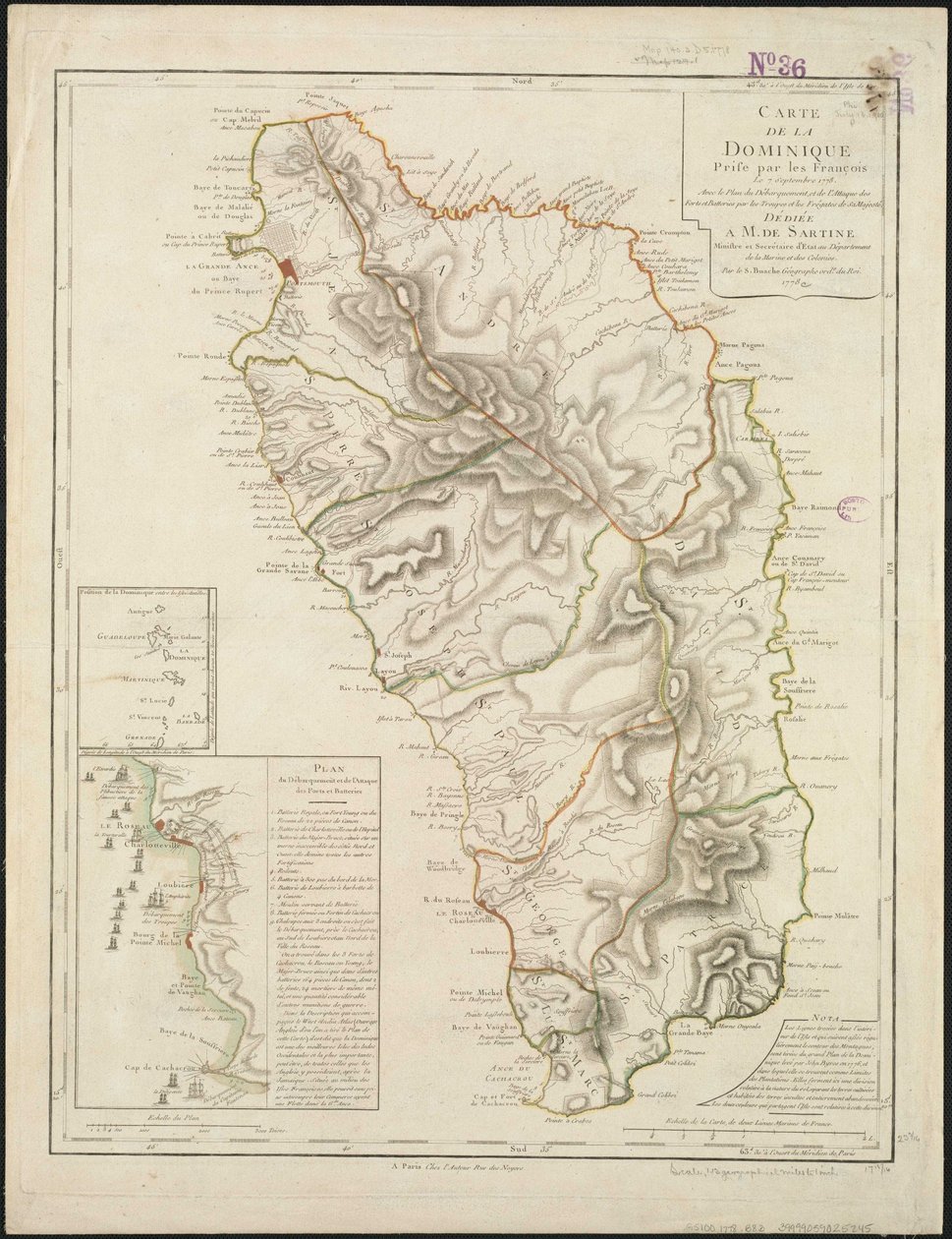 Francouzská mapa zobrazující obranu ostrova v době francouzské invaze od Philippe Buache