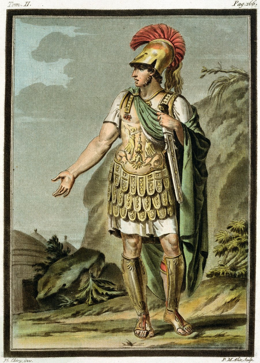 Achilles in Armour, kostým pro „Iphigenia in Aulis“ od Jeana Racina, ze svazku II „Výzkum kostýmů a divadla všech národů“, vyryl Pierre Michel Alix (1762-1817) 1802 (barevný od Philippe Chery