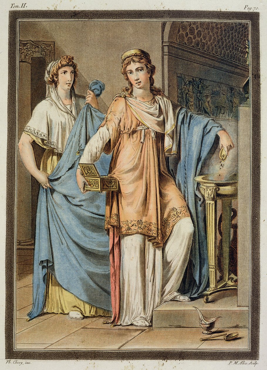 Berenice, kostým pro „Berenice“ od Jeana Racina, ze svazku II „Výzkum kostýmů a divadla všech národů“, vyryl Pierre Michel Alix (1762-1817) 1802 od Philippe Chery