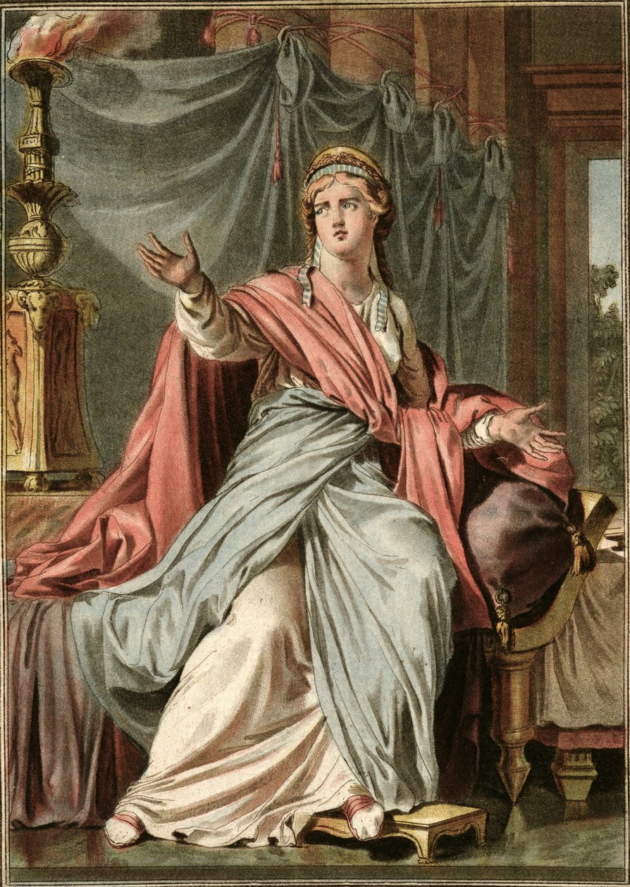 Esther, kostým pro „Esther“ od Jeana Racina, z I. dílu „Výzkum kostýmů a divadla všech národů“, vyryl Pierre Michel Alix (1762-1817) 1802 od Philippe Chery