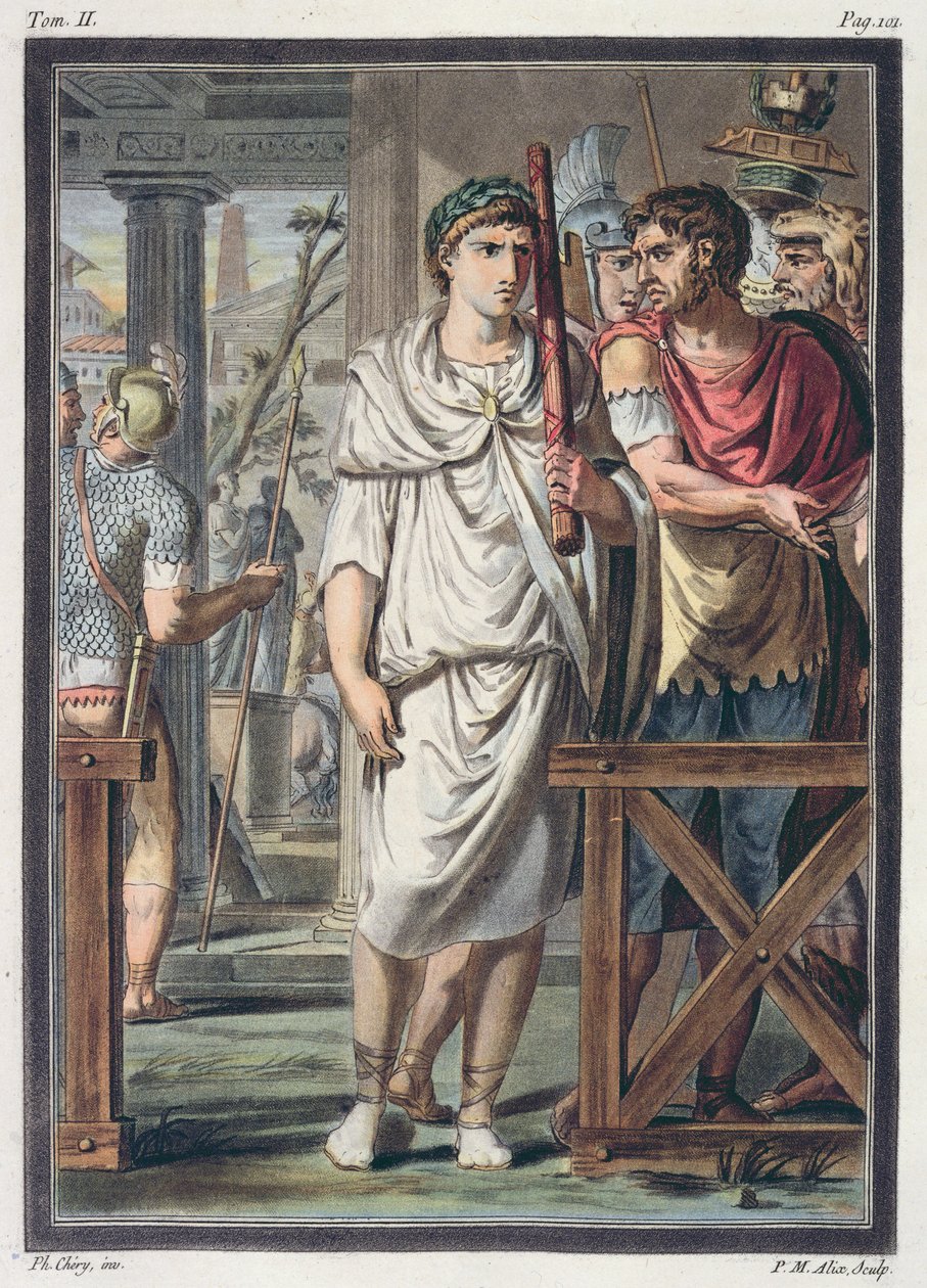 Liktoři a vojáci z Titova družiny, kostýmy pro „Berenice“ od Jeana Racina, ze svazku II „Výzkum kostýmů a divadla všech národů“, vyryl Pierre Michel Alix (1762–1818 od Philippe Chery