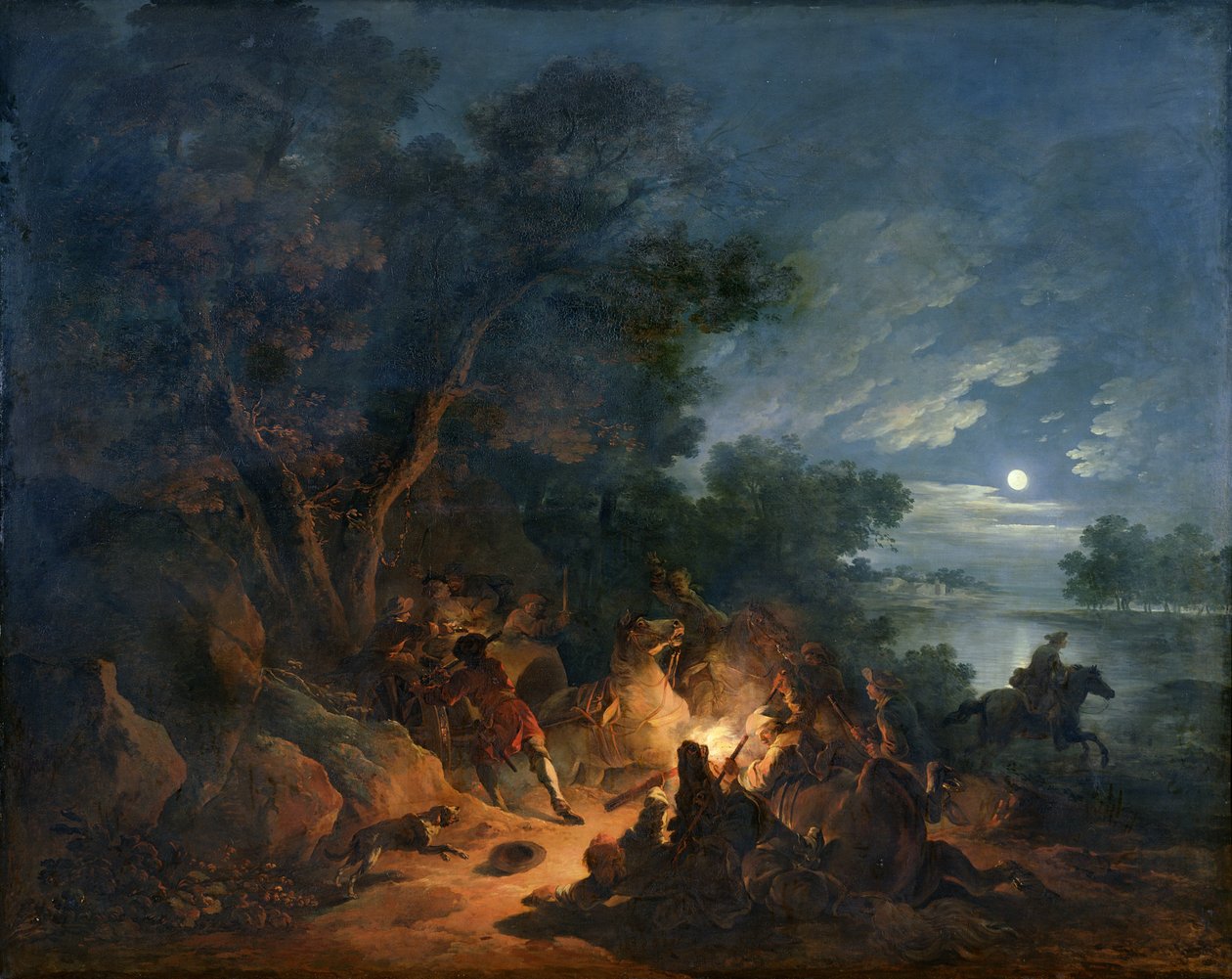 Útok lupičů v noci, kolem roku 1770 od Philippe Jacques de Loutherbourg