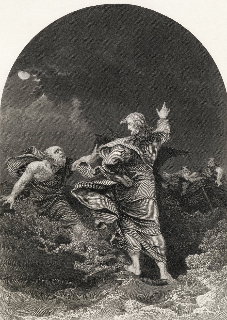 Kristus chodící po moři, vyrytý S. Allenem, z „The National Illustrated Family Bible“, vydané kolem roku 1870 od Philippe Jacques de Loutherbourg