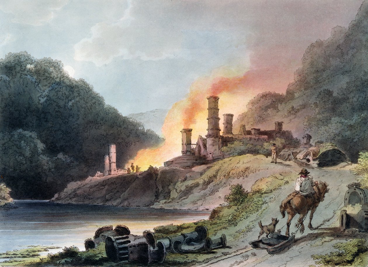 Iron Works, Coalbrookdale, vyryto Williamem Pickettem, kolem roku 1805 (barevná akvatinta) od Philippe Jacques de Loutherbourg