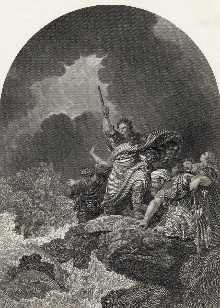 Zničení faraonova hostitele, vyryté S. Allenem, z „The National Illustrated Family Bible“, vydané kolem roku 1870 od Philippe Jacques de Loutherbourg