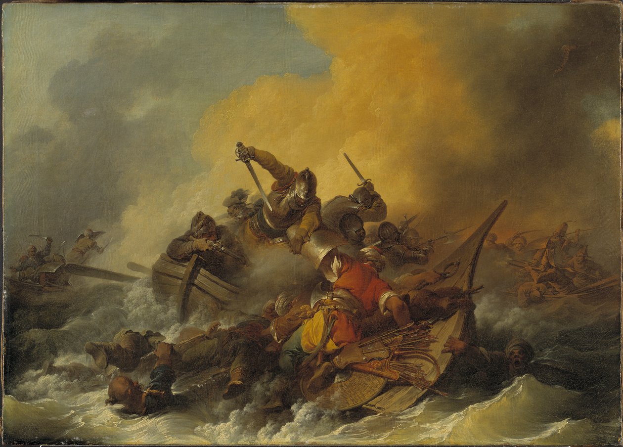 Bitva na moři mezi vojáky a orientálními piráty, 1767 od Philippe Jacques de Loutherbourg