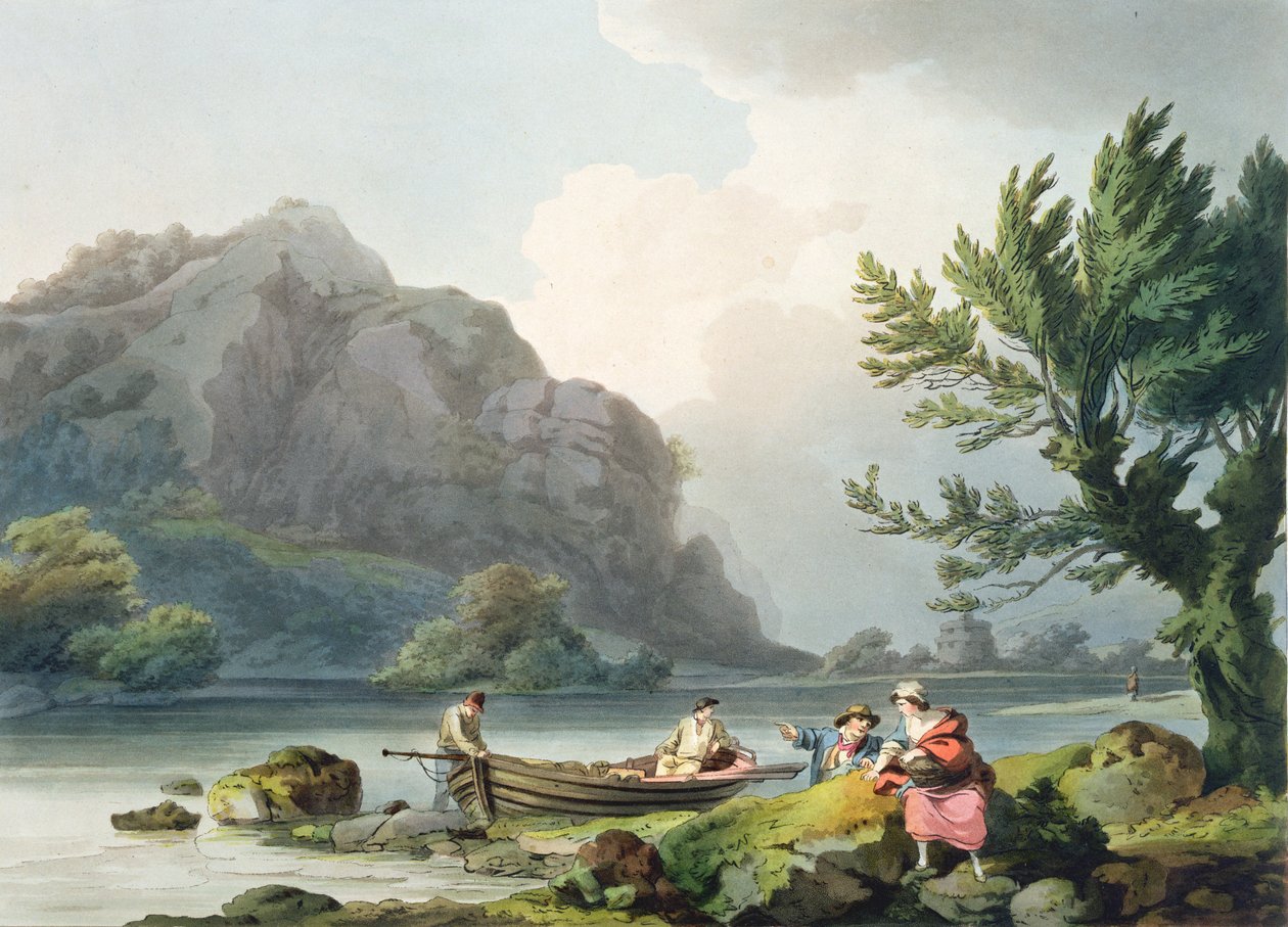 Lake of Wyndermere, z „Romantické a malebné scenérie Anglie a Walesu“, vydáno 1805 (barevná rytina) od Philippe Jacques de Loutherbourg