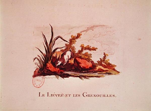 Zajíc a žáby, ilustrace z Bajek Jean de la Fontaine (1621-95) 1823 od Philippe de after Loutherbourg