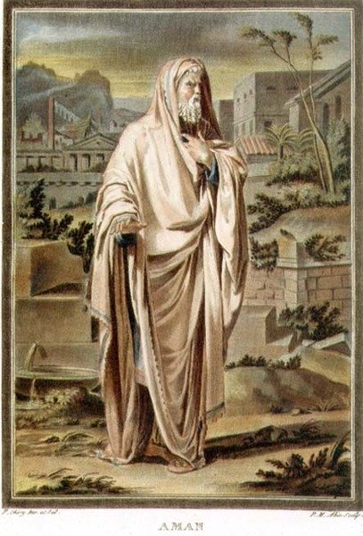 Aman, kostým pro „Esther“ od Jeana Racina, ze svazku I „Výzkum kostýmů a divadla všech národů“, vyryl Pierre Michel Alix (1762-1817) 1802 (barevná rytina) od Philippe (after) Chery