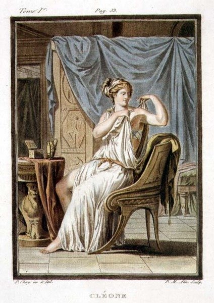 Cleone, kostým pro „Andromache“ od Jeana Racina, ze svazku I „Výzkum kostýmů a divadla všech národů“, vyryl Pierre Michel Alix (1762-1817) 1802 (barevná rytina) od Philippe (after) Chery