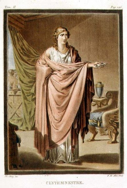 Klytemnestra, kostým pro "Ifigenii v Aulidě" od Jeana Racina, z II. dílu "Výzkumu kostýmů a divadla všech národů", vyryl Pierre Michel Alix (1762-1817) 1802 (kolorovaná rytina) od Philippe (after) Chery