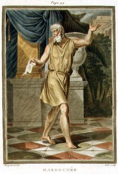 Mordecai, kostým pro „Esther“ od Jeana Racina, ze svazku I „Výzkum kostýmů a divadla všech národů“, vyryl Ride od Philippe (after) Chery