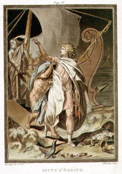 Orestova družina, kostýmy pro "Andromache" od Jeana Racina, z I. dílu "Výzkumu kostýmů a divadla všech národů", vyryl Pierre Michel Alix (1762-1817) 1802 (kolorovaná rytina) od Philippe (after) Chery