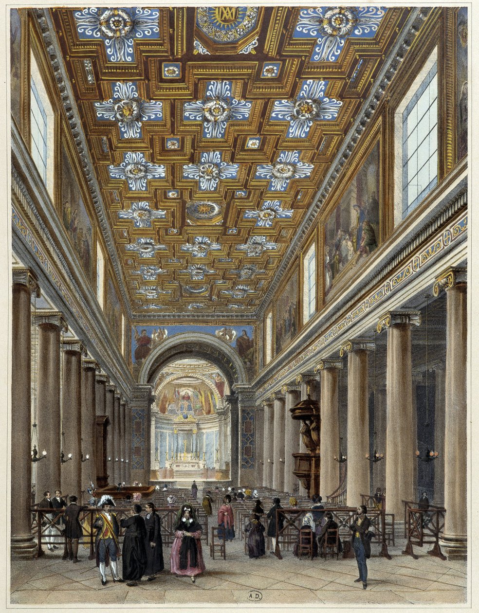 Interiér kostela Notre-Dame de Lorette - v "" Promenade dans Paris et ses environs ", kresby Jacottet a Benoist, ed. Gihaut Frères od Philippe Benoist
