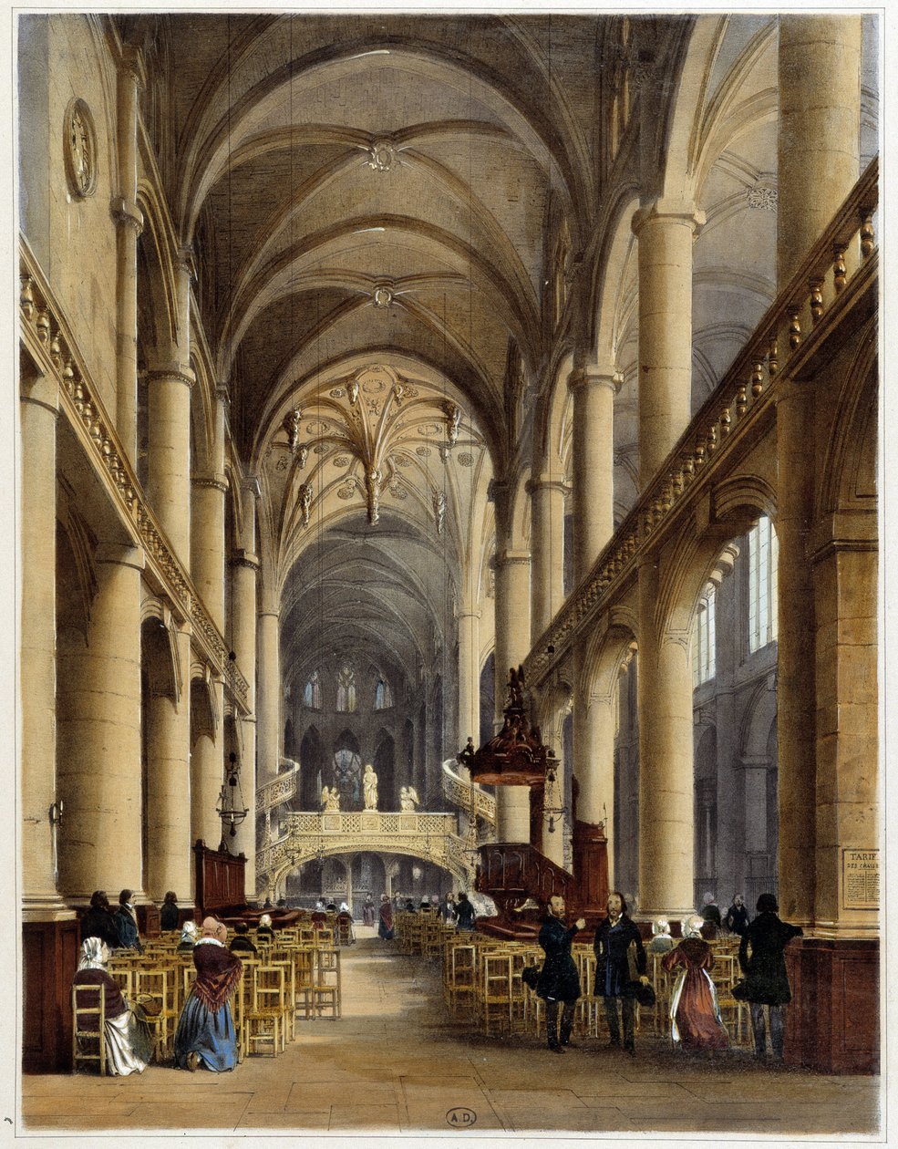 Interiér kostela St Etienne du Mont - v „“ Procházka po Paříži a okolí “, kresby Jacottet a Benoist, ed. Bratři Gihautové od Philippe Benoist