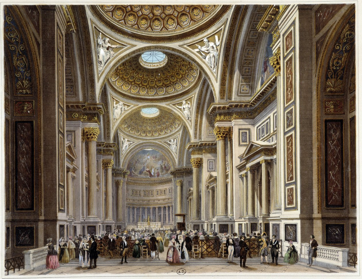 Interiér kostela Madeleine - v "" Promenade dans Paris et ses environs ", kresby Jacottet a Benoist, ed. Gihaut Frères od Philippe Benoist