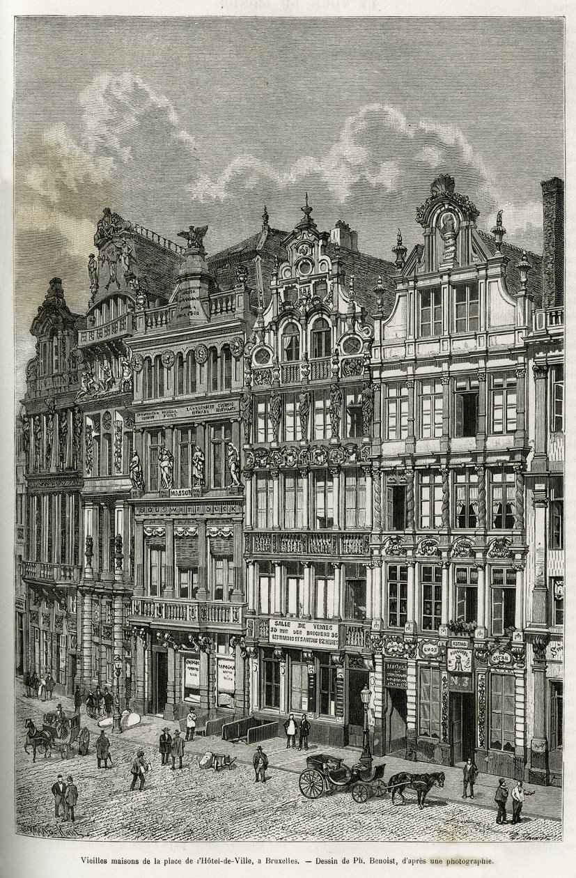 Staré domy na náměstí radnice v Bruselu. Rytina Ph. Benoista k ilustraci příběhu Belgie od Camille Lemonnier, publikovaná v tour du monde, pod vedením Edouarda Chartona (1807-1890), Paříž od Philippe Benoist