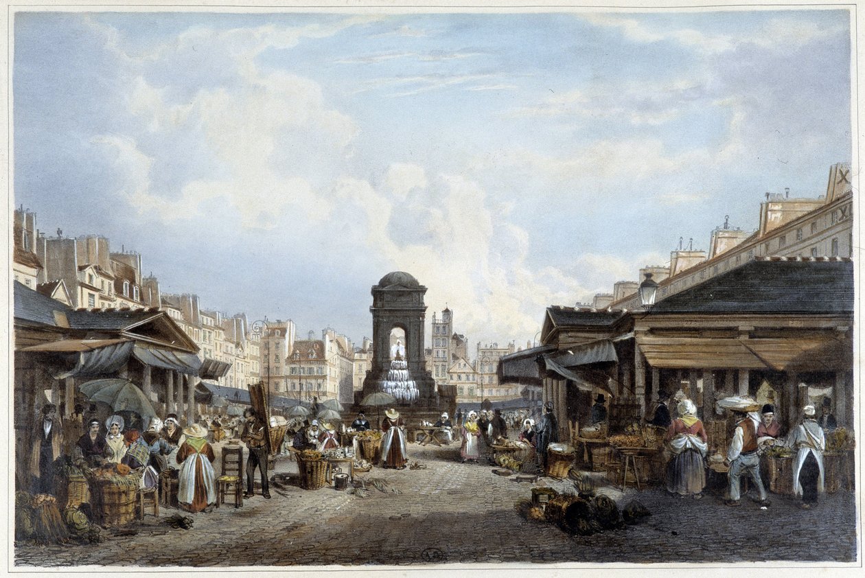 Procházka kolem fontány nevinných, ca. 1840 - v "" Promenade dans Paris et ses environs ", ill. od Jacottet a Benoist, Paříž, v.1840 od Philippe Benoist