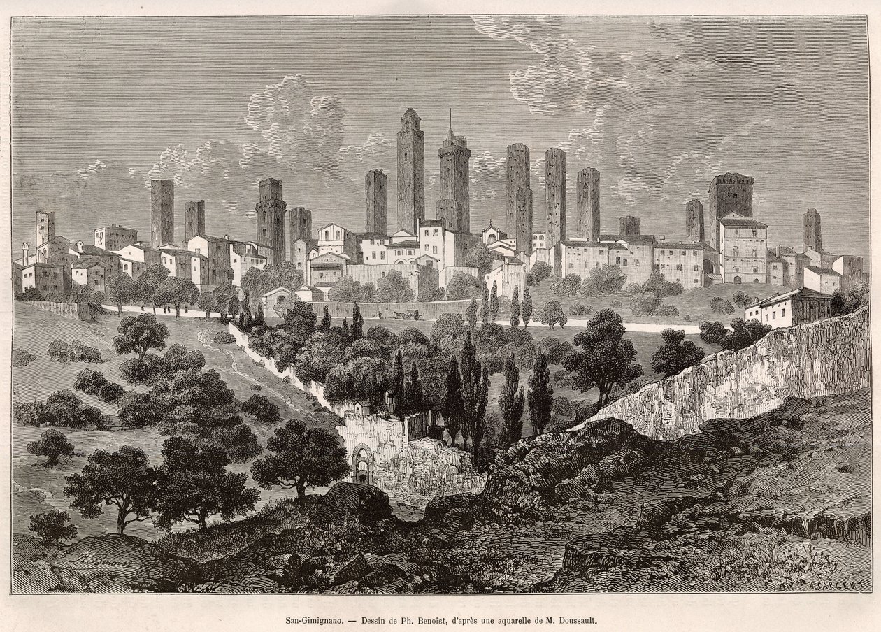 Pohled na San Gimignano (Toskánsko, Itálie). Rytina podle kresby Ph. Benoista pro ilustraci plavby do Toskánska a Umbrie od Francise Weye v roce 1875, publikovaná v „“Le tour du monde““ 1876, editoval Edouard Charton, vydání Hachette, Paříž. Selva od Philippe Benoist