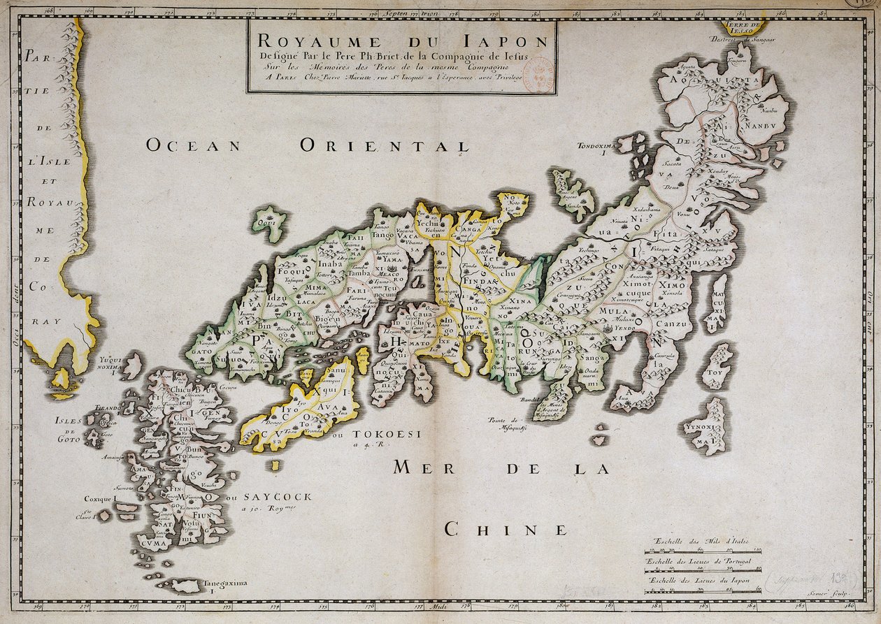 Zeměpisná mapa Japonska vytvořená otcem Philippem Brietem, jezuitou a francouzským učencem (1601-1668). Paříž, NL od Philippe Briet
