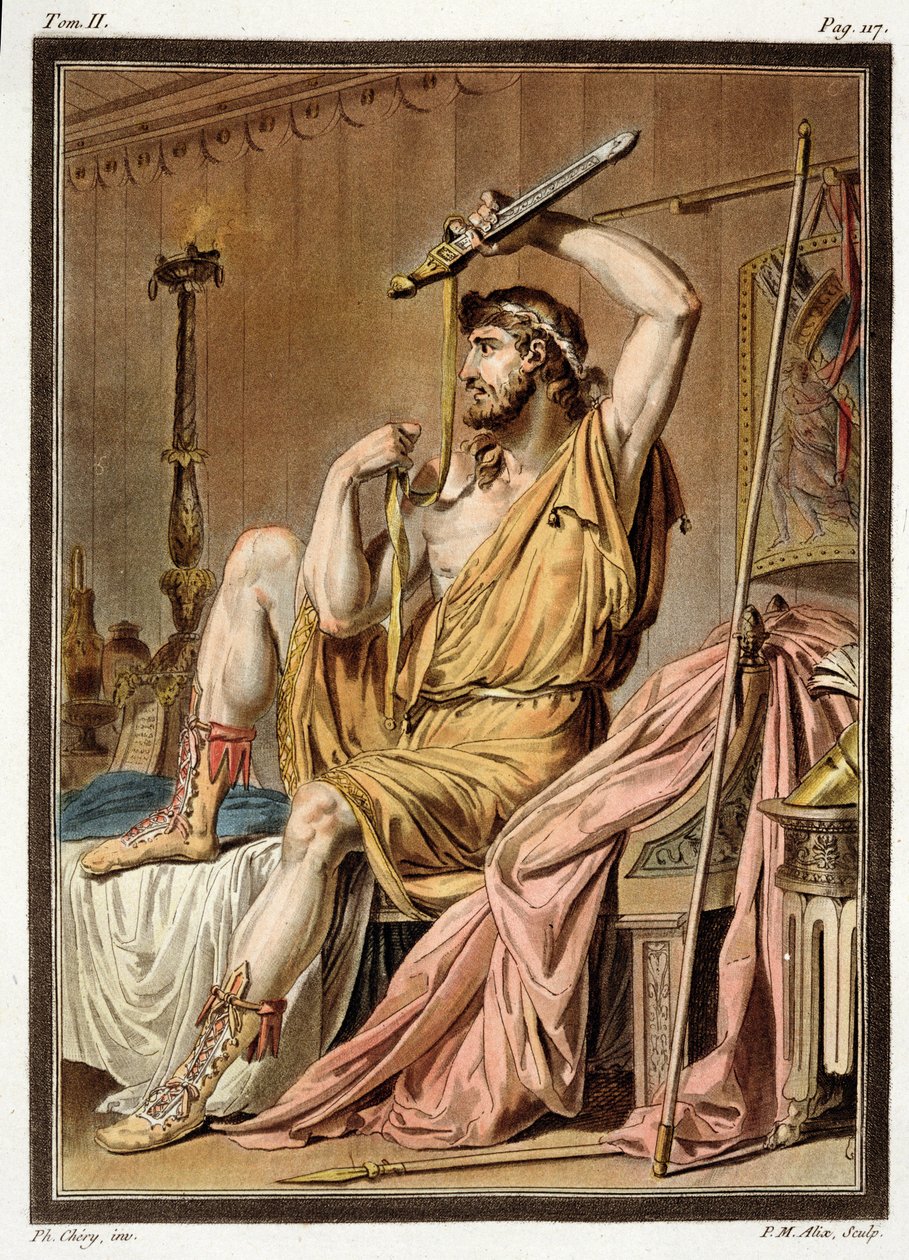 Agamemnon, kostým pro „Iphigenia in Aulis“ od Jeana Racina, ze svazku II „Výzkum kostýmů a divadla všech národů“, vyryl Pierre Michel Alix (1762-1817) 1802 (barevná rytina od Philippe Chery