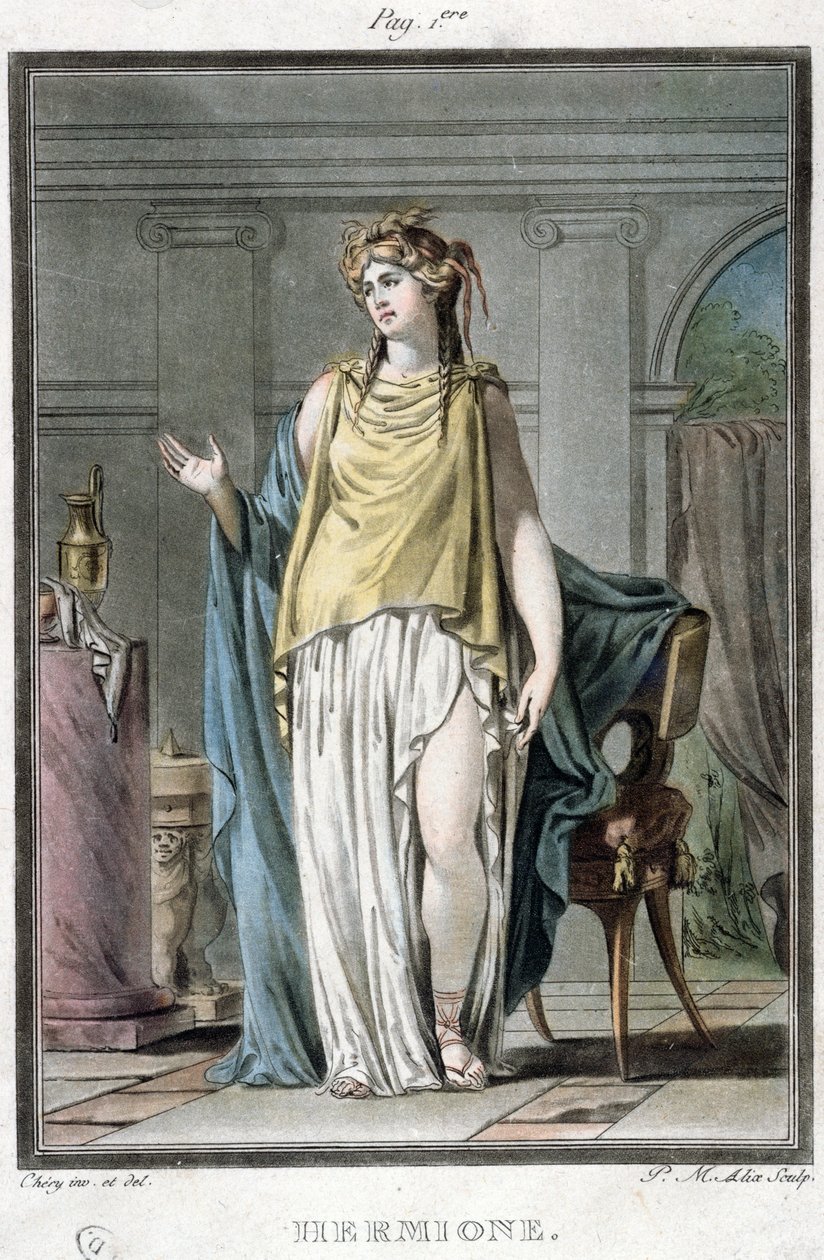Hermiona, kostým pro "Andromaque" od Jeana Racina, z "Výzkumu kostýmů a divadla všech národů", vyryl Pierre Michel Alix (1762-1817) 1802 od Philippe Chery