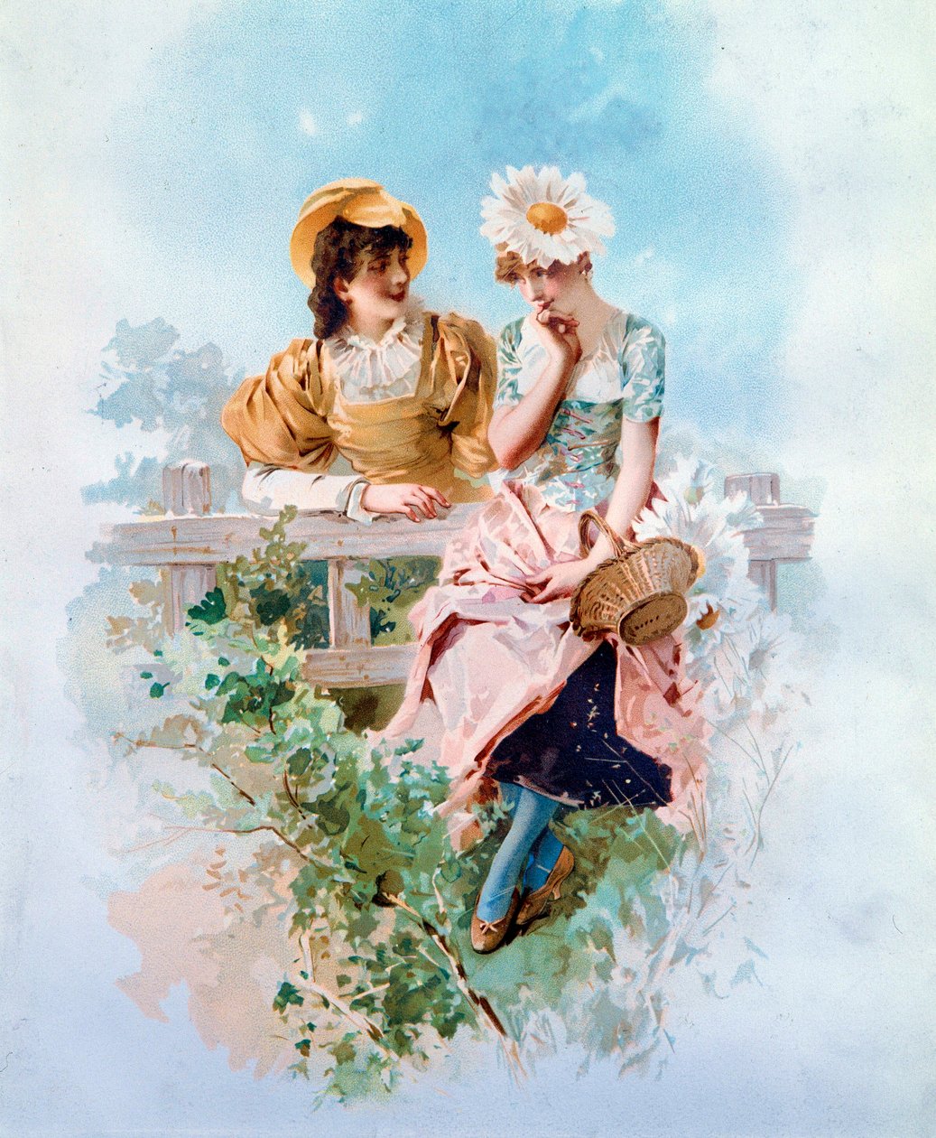 Sebedůvěra Dvě mladé dívky si šeptají tajemství. Litografie od Philippa Jacquese Lindera (1835-?) Soukromá sbírka z 19. století od Philippe Jacques Linder