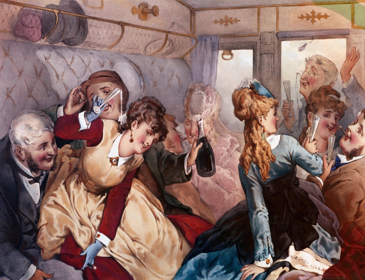 The Pleasure Train Skupina buržoazních popíjejících a bavících se ve vagónu. Litografie Philippe Jacques Linder od Philippe Jacques Linder