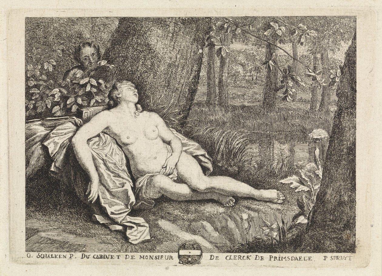 Spící nymfa špehovaná satyrem od Philippe Lambert Joseph Spruyt