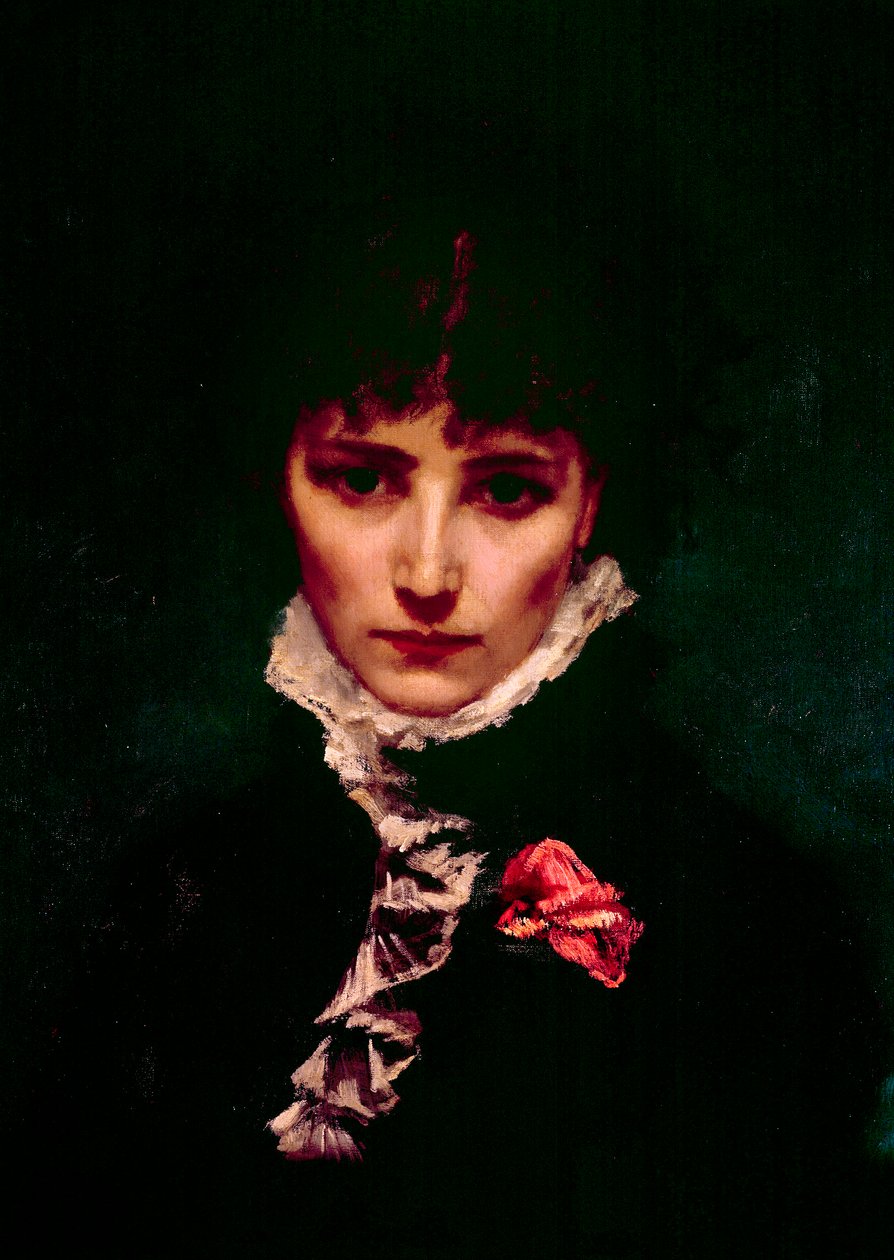 Portrét komičky Sarah-Henriette Bernard dit Sarah Bernhardt (1844-1923) Detail. Obraz Philippe Parrot (1831-1894) Paříž 19. století, francouzská komedie od Philippe Parrot