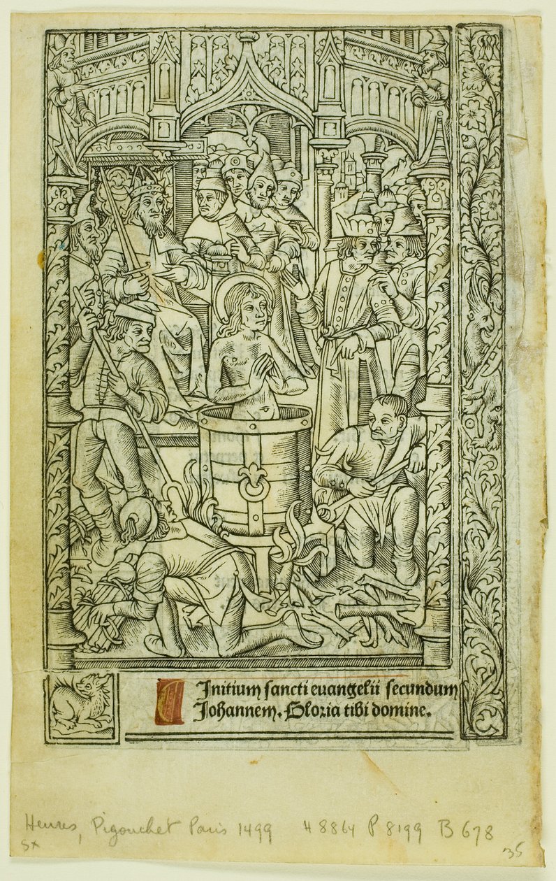 Umučení svatého Jana Evangelisty (recto) a prosincový kalendář (verso), z Knihy hodin od Philippe Pigouchet