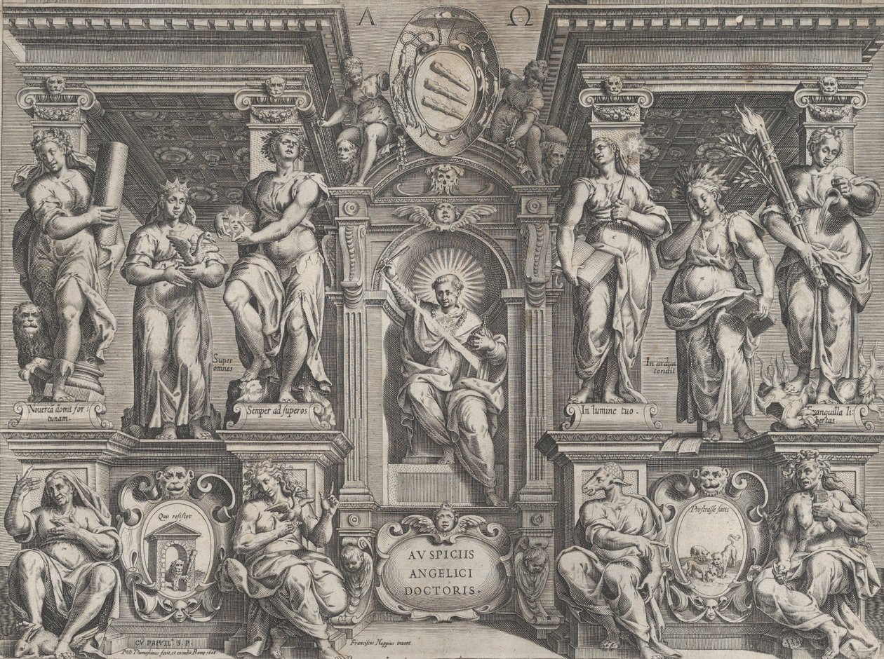 Alegorický tisk tezí s různými postavami, zasazený do architektonické struktury, 1608. od Philippe Thomassin