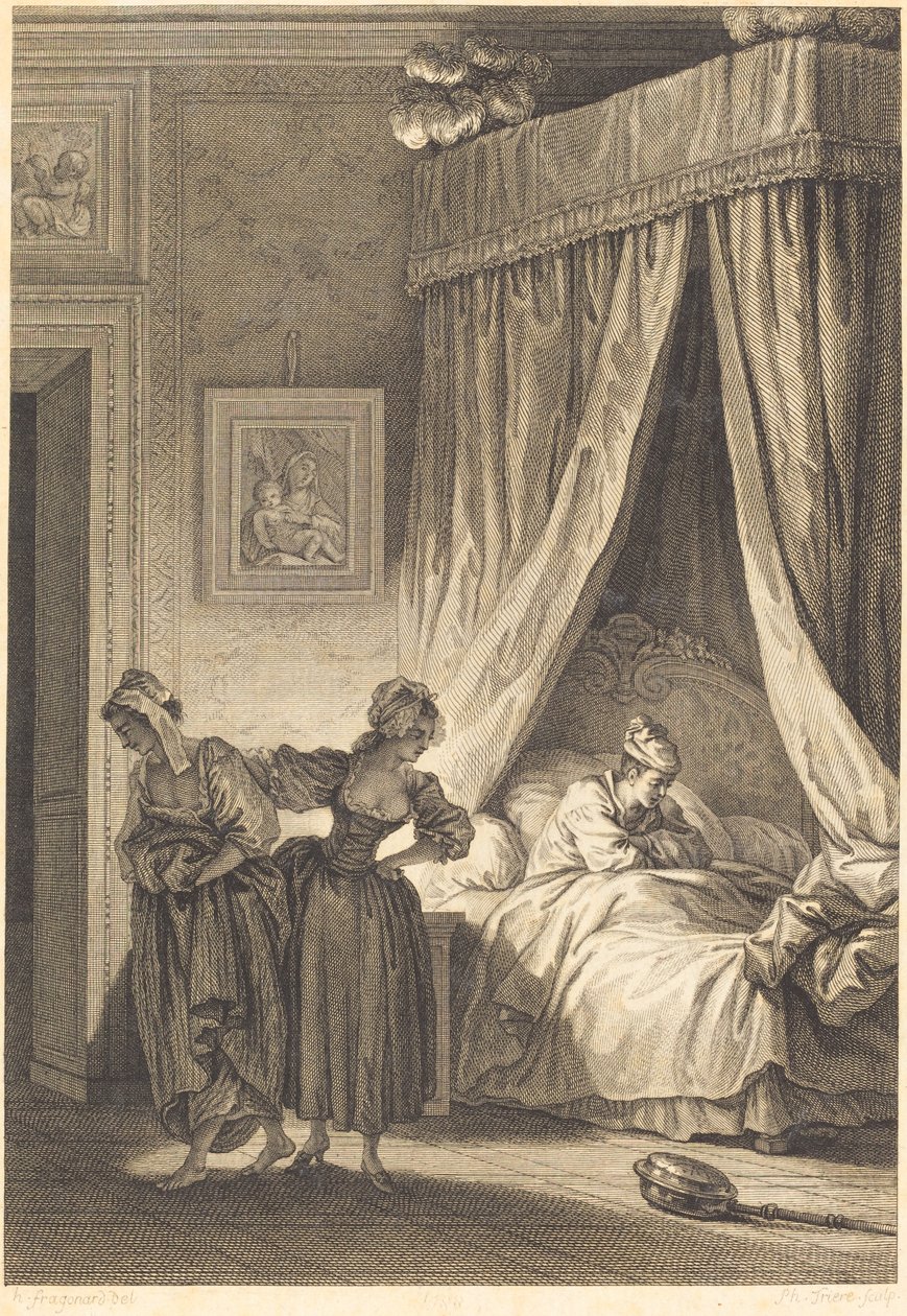 Sázka tří drbů: Služebník od Philippe Triere and Antoine Jean Duclos after Jean Honoré Fragonard