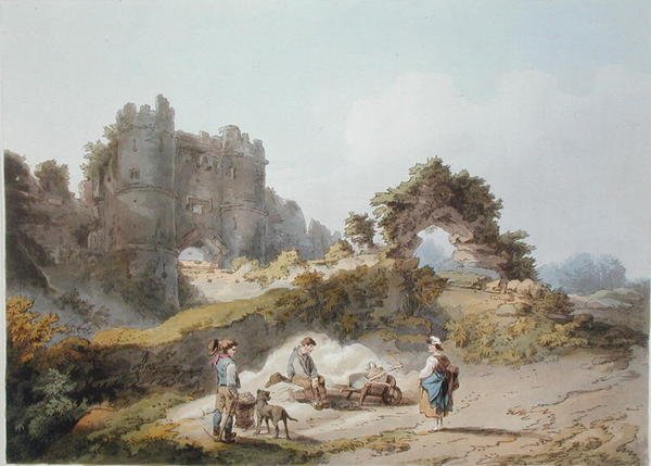 Gate of Carisbrook Castle, z „Romantické a malebné scenérie Anglie a Walesu“, vydáno 1805 (barevná rytina) od Philippe de (after) Loutherbourg