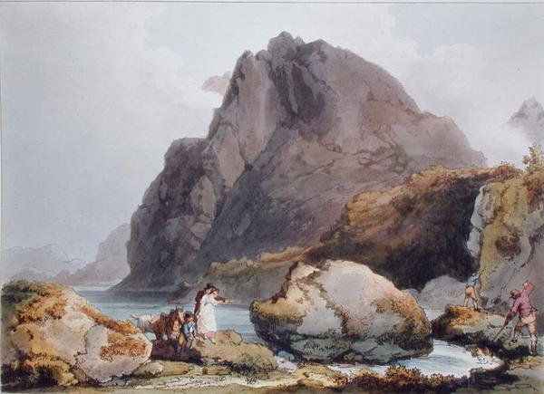 Llyn Ogween, z „Romantické malebné scenérie Anglie a Walesu“, vydáno 1805 (barevná rytina) od Philippe de (after) Loutherbourg