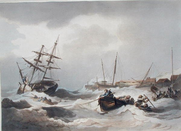Storm off Margate, z „Romantické a malebné scenérie Anglie a Walesu“, vydané v roce 1805 (barevná rytina) od Philippe de (after) Loutherbourg