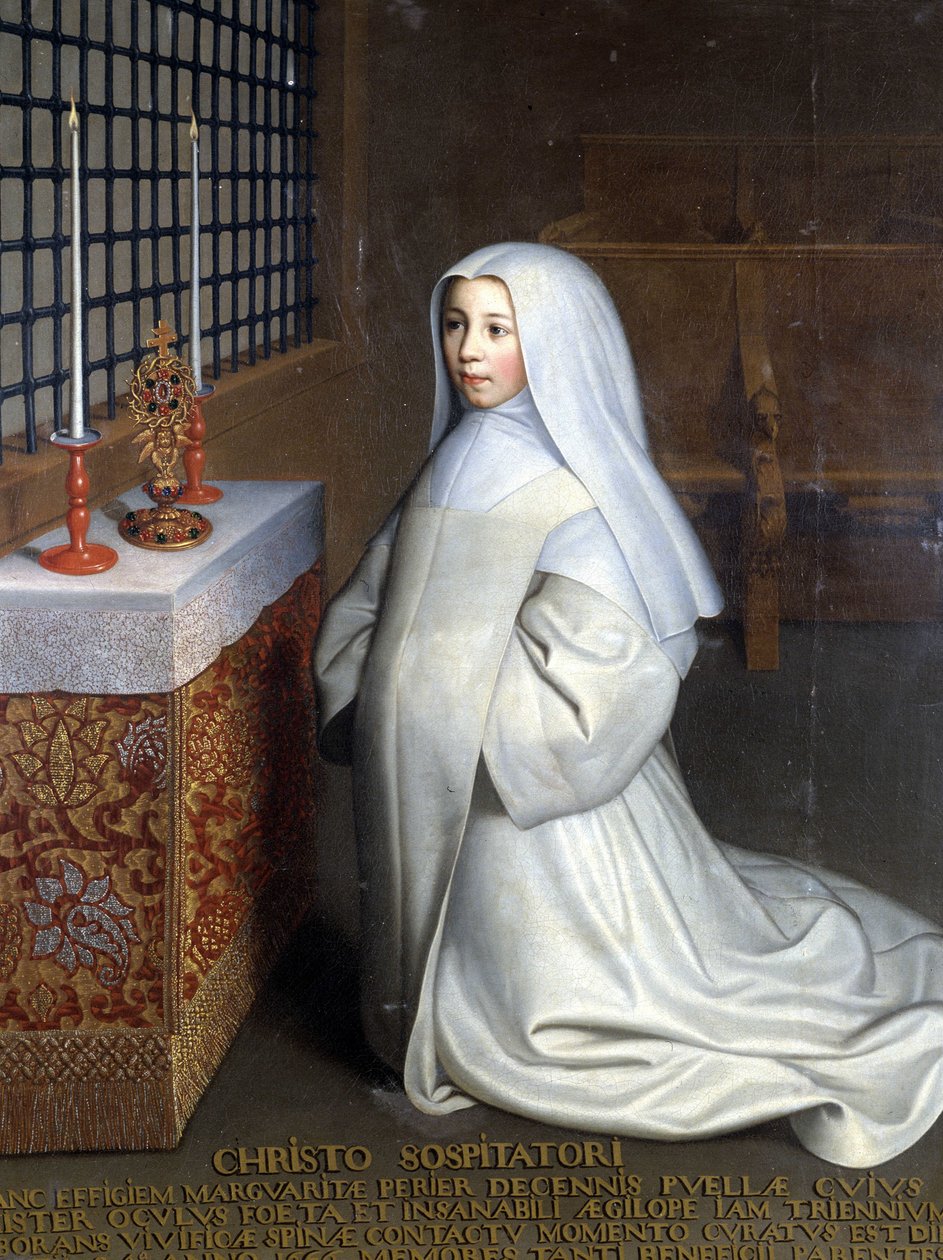 Portrét Marguerite Périer, vězeňkyně kláštera Port Royal des Champs (Port-Royal-des-Champs) a neteře Pascala („“ Kristu Spasiteli: Marguerite Périer, 10letá dívka, jejíž levé oko bylo uzdraveno v kontaktu s oživujícím trnem“) - O od Philippe de (attr. to) Champaigne