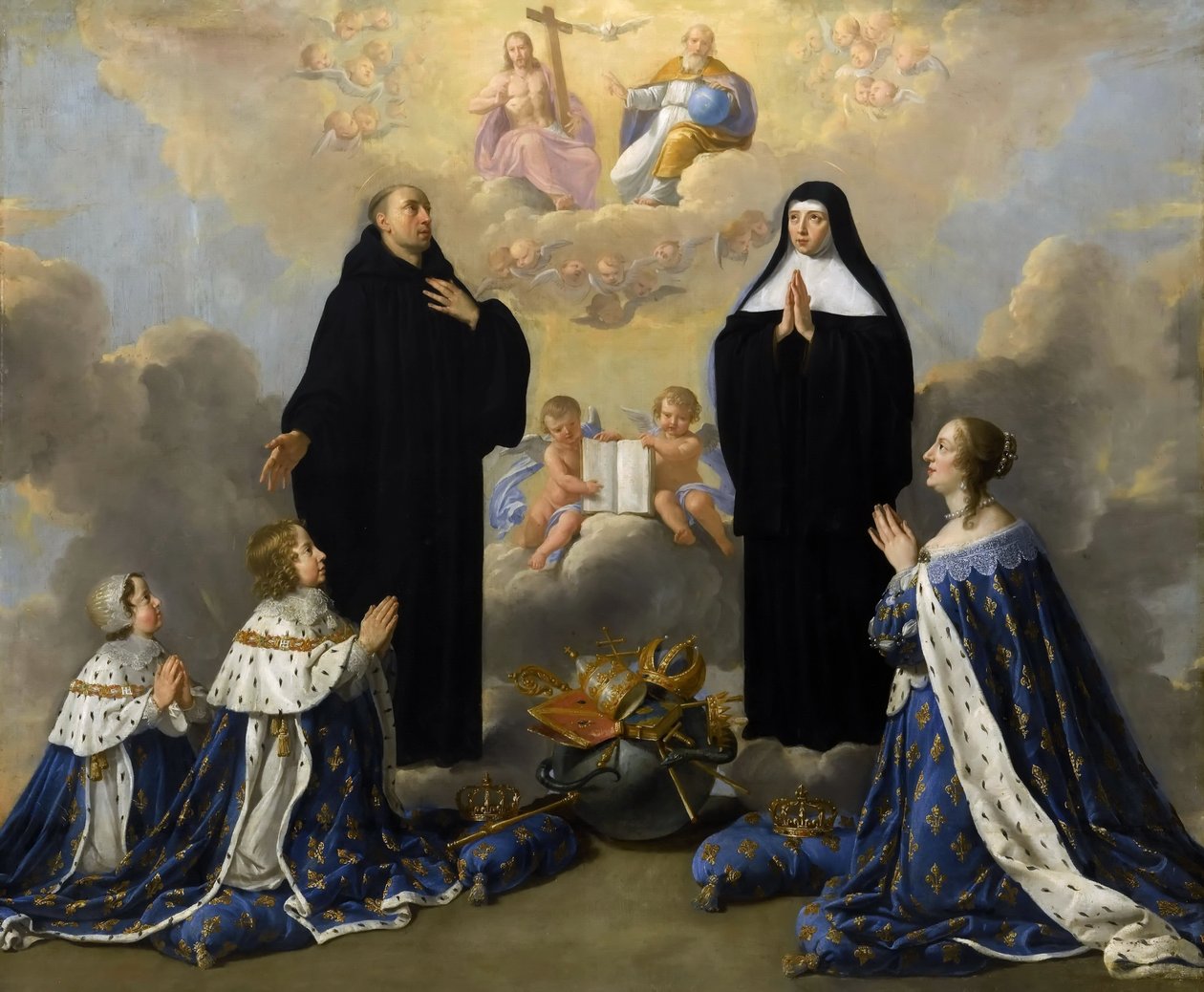 Anna Rakouská se svými dětmi, modlí se k Nejsvětější Trojici se svatými Benediktem a Scholasticou od Philippe de Champaigne