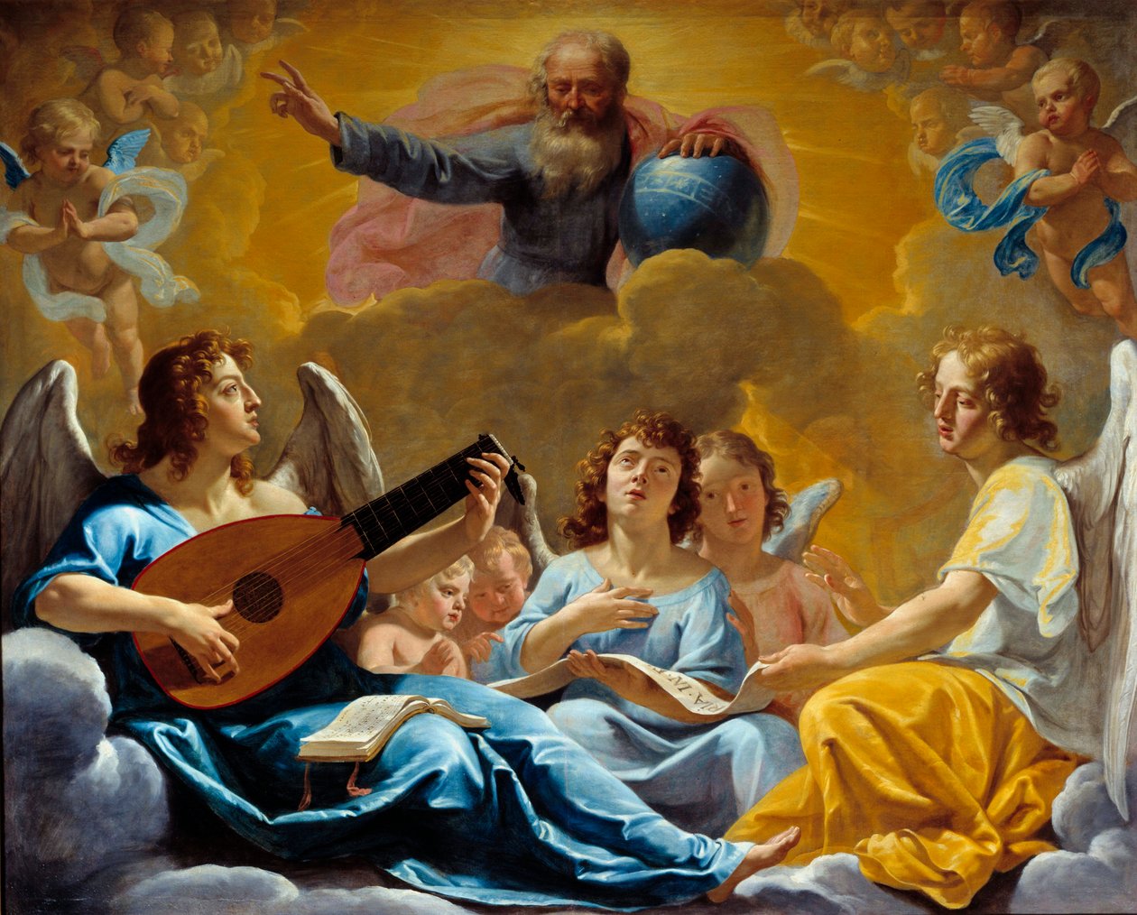 Koncerty andělů Zastoupení Všemohoucího Boha se zeměkoulí. Obraz Philippe de Champaigne (1602-1674) 17. století Sun. 1,75x2,2 m Rouen, musee des Beaux Arts od Philippe de Champaigne