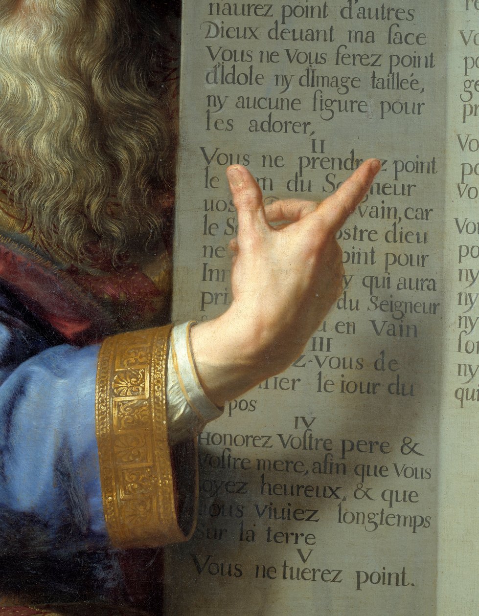 Mojžíš a stoly Zákona, detail Mojžíšovy ruky ukazující deset přikázání. Obraz Philippe De Champaigne (1602-1674) Ec. Podvod. od Philippe de Champaigne