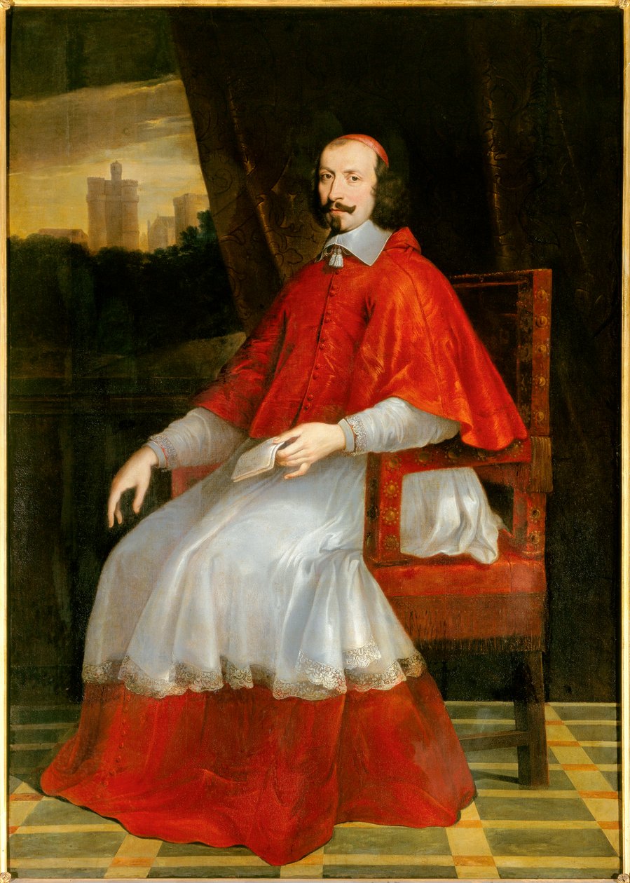 Portrét v nohách kardinála Julese Mazarina (Giulio Raimondo Mazzarino nebo Mazarino) (1602-1661) Kardinál sedí za ním s výhledem na Chateau de Vincennes. Obraz Philippe de Champaigne (1602-1674). Slunce 2,05 X 1,44 m. Chantilly, musee de Conde - F od Philippe de Champaigne