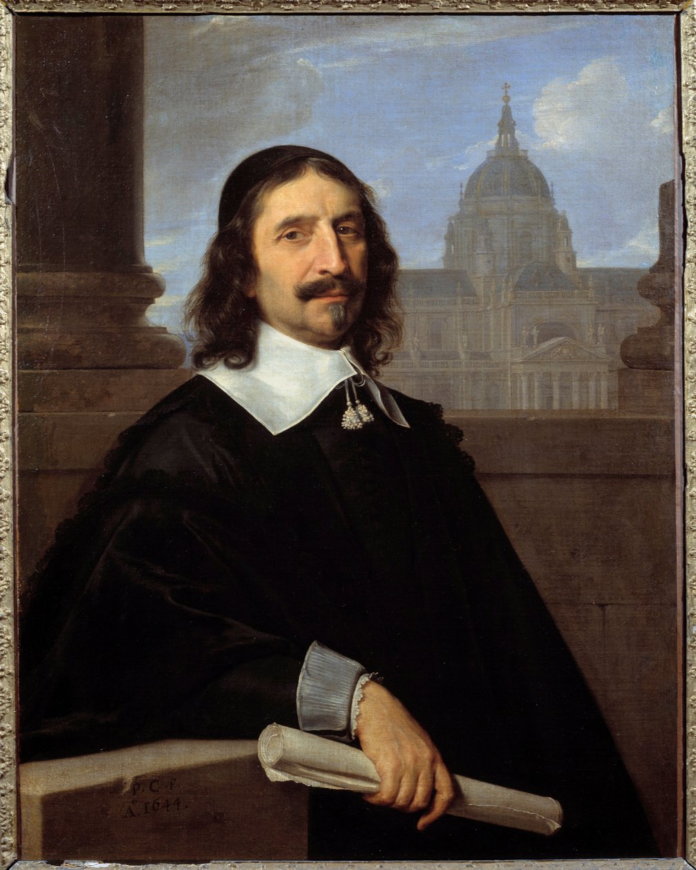 Portrét architekta Jacquese Lemerciera (1585-1654) před kaplí Sorbonny Obraz od Philippa de Champaigne (1602-1674) (ec.flam.) 17. stol. 0,97x0,75m - - Portrét architekta Jacquese Lemerciera (1585-1654), před t. od Philippe de Champaigne